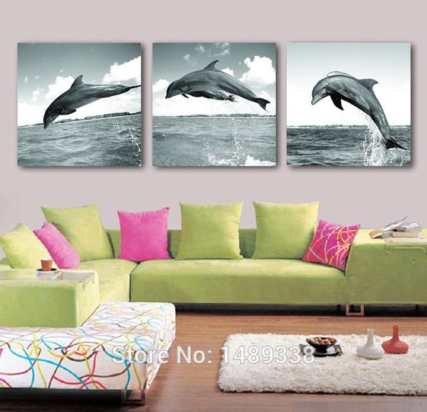 3 Piece High-quality Framed Modern Jumping Dolphin Wall Art 