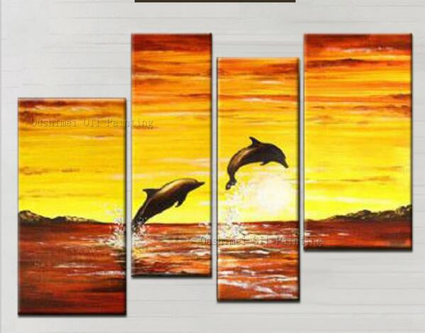 Hand-painted High Quality Abstract Ocean Landscape Dolphin Canvas Painting - 4 Pieces 