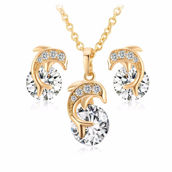 Absolutely Stunning Gold Plated Crystal Zircon Dolphin Jewelry Set 