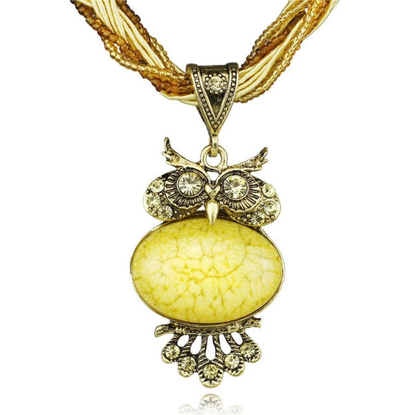 Bohemia Stunning Crystal Owl Chunky Gem Bronze Rope Chain Pendant Necklace - 8 Colours Available 
