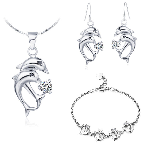 Silver Plated Zircon Dolphin Jewelry Set 