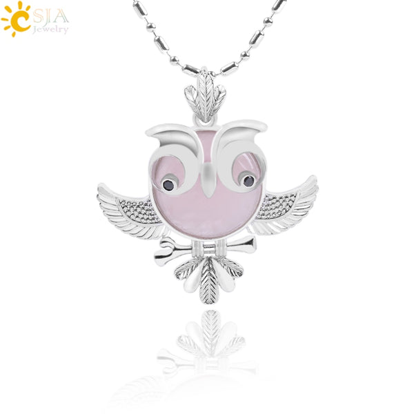 Soft Natural Round Gem Stone Owl Bird Necklace Pendants (Available in Opal, Purple, Pink, Quartz and more) 