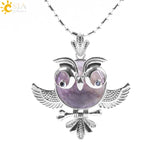 Soft Natural Round Gem Stone Owl Bird Necklace Pendants (Available in Opal, Purple, Pink, Quartz and more) 