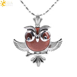 Soft Natural Round Gem Stone Owl Bird Necklace Pendants (Available in Opal, Purple, Pink, Quartz and more) 