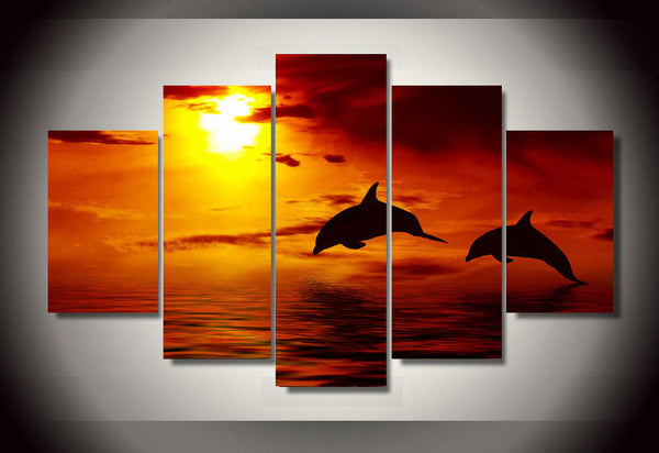 Framed Printed Beautiful Ocean Sunset 5 Piece Canvas Dolphin Wall Art 