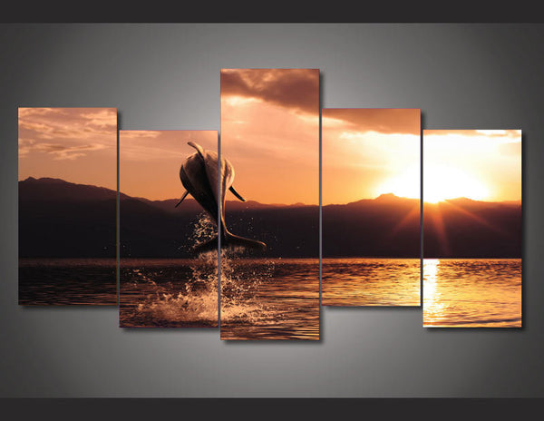 Framed Printed Sunset Seascape 5 Piece Canvas Dolphin Wall Art 