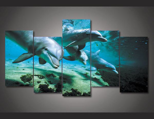 Framed Sea Floor 5 pieces Canvas Dolphin Wall Art 