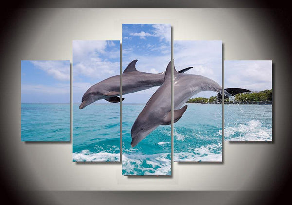 Framed Ocean Seascape 5 Piece Canvas Dolphin Wall Art 