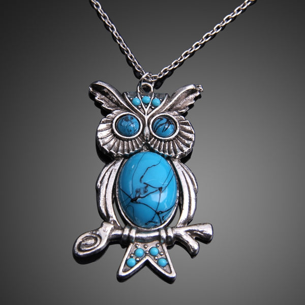 Natural Blue Stone Moissanite Studded Owl Necklace and Pendant 