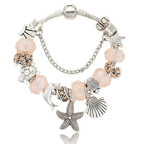 Lovely Starfish Turtle Dolphin Crystal/Glass Beads Bracelet 