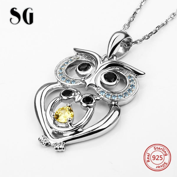 925 Sterling Silver European Zircon Owl Necklace and Pendant 