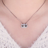 925 Sterling Silver Russian Simulated Emerald Owl Pendant - (Link Chain Necklace Not Included) 