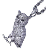 Hip Hop Animal Necklace Copper Golden Iced Out Micro Pave CZ Stone Owl Pendant Necklaces 24" Stainless Steel Rope Chain 