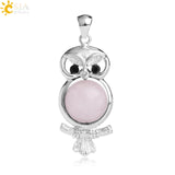 Cute Owl Round Ball Bead Natural Stones Pendant Necklace- Pink Quartz / Snowflake Stone Pendants for Women 