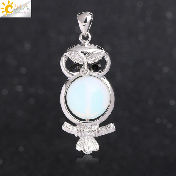 Cute Owl Round Ball Bead Natural Stones Pendant Necklace- Pink Quartz / Snowflake Stone Pendants for Women 
