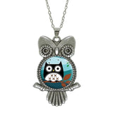 Glass Cabochon Owl Pictured Pendant Necklace - Jewelry Statement with Silver Link Chain - Perfect Gift 