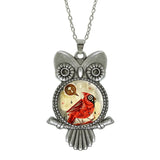 Glass Cabochon Owl Pictured Pendant Necklace - Jewelry Statement with Silver Link Chain - Perfect Gift 
