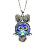 Glass Cabochon Owl Pictured Pendant Necklace - Jewelry Statement with Silver Link Chain - Perfect Gift 