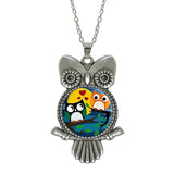 Glass Cabochon Owl Pictured Pendant Necklace - Jewelry Statement with Silver Link Chain - Perfect Gift 