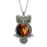 Glass Cabochon Owl Pictured Pendant Necklace - Jewelry Statement with Silver Link Chain - Perfect Gift 