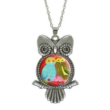 Glass Cabochon Owl Pictured Pendant Necklace - Jewelry Statement with Silver Link Chain - Perfect Gift 